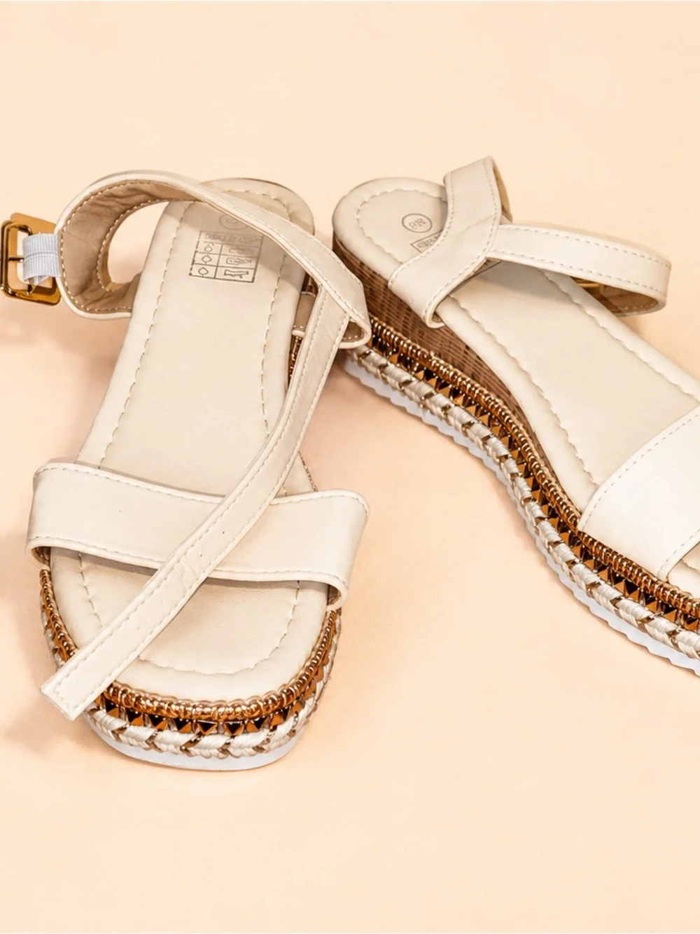 🆕 Cream Platform Sandals with Gold Braided Trim • Boho Resort Slides • US 8